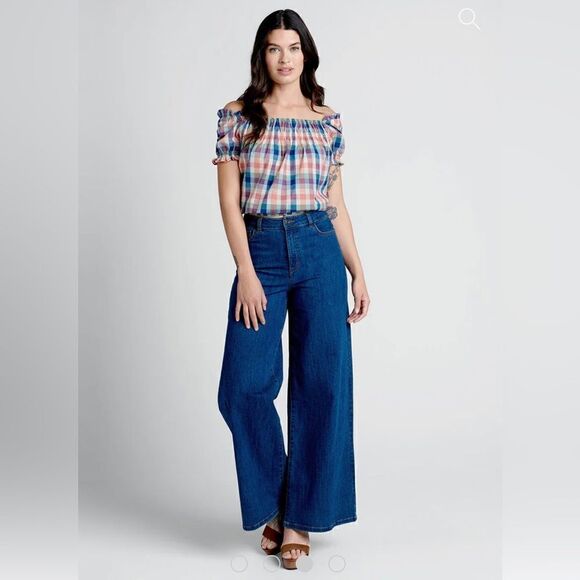 JCrew Smocked Cotton Crop Top Summer Madras Plaid Checkered Orange Blue S - Picture 4 of 11